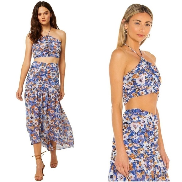 MISA LOS ANGELES Floral Ruched Smocked Sleeveless Halter Neck Chiffon Crop Top M - Picture 3 of 16